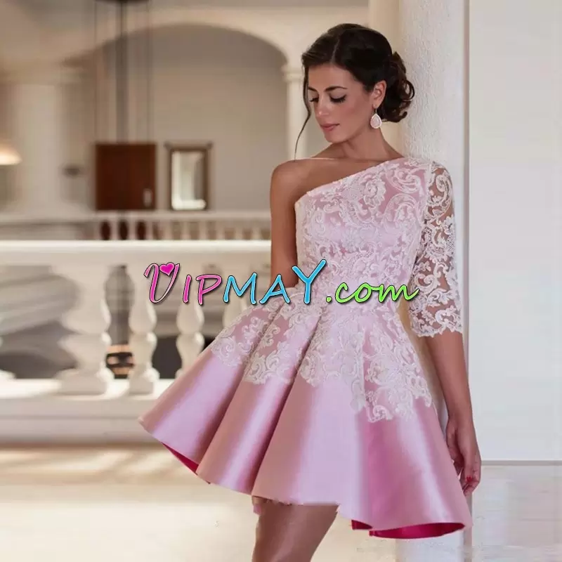 Pink Dress for Prom Prom and Party with Appliques One Shoulder Half Sleeves Lace Up