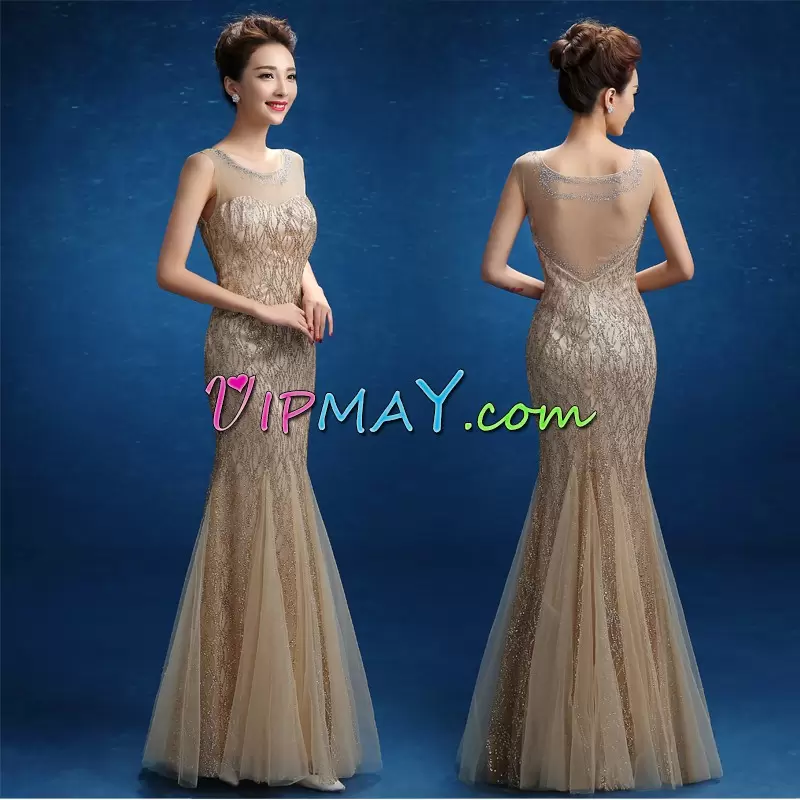 all sparkly prom dress,long sparkly formal dress,nude glitter prom dress,prom dress with glitter,mermaid style prom gowns,mermaid tulle prom dress,mermaid sleeveless prom dress,sheer back prom dress,sheer neckline prom dress,sheer mermaid prom dress,