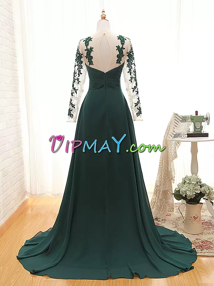 Beading and Lace Homecoming Dress Dark Green Lace Up Long Sleeves Floor Length Sweep Train