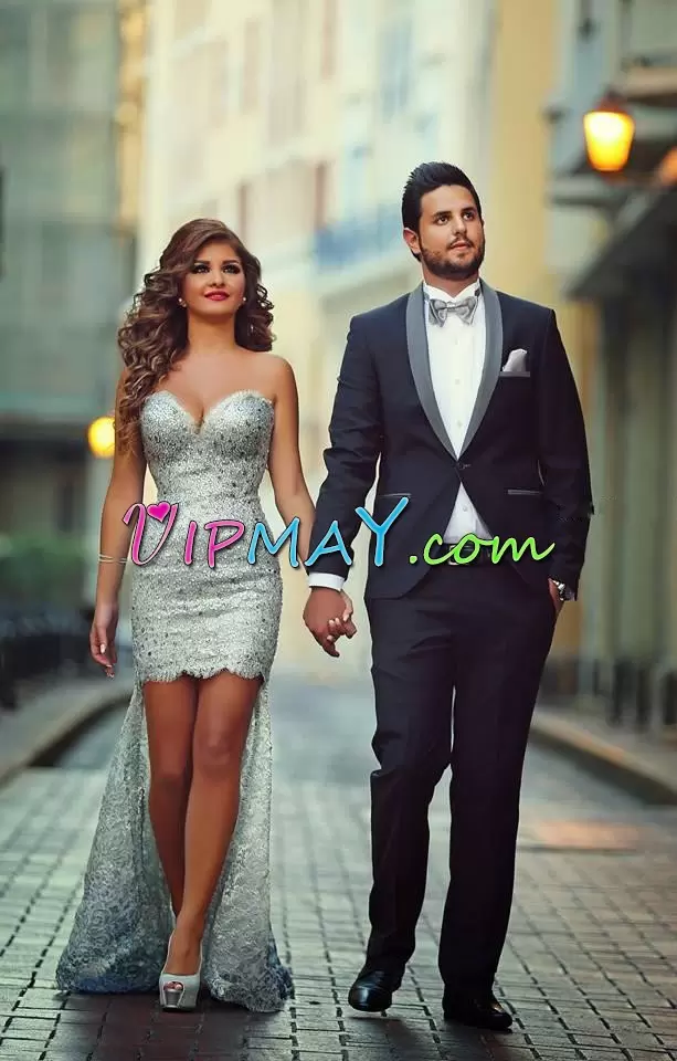 Smart High Low Homecoming Dress Online Silver for Prom and Party and Military Ball with Beading