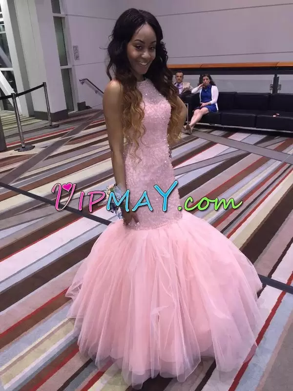 Edgy Sleeveless Tulle Floor Length Lace Up Prom Evening Gown in Pink with Beading