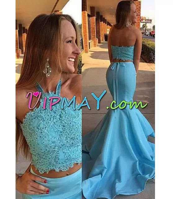 Custom Fit Sleeveless Satin Sweep Train Zipper Formal Dresses in Aqua Blue with Beading