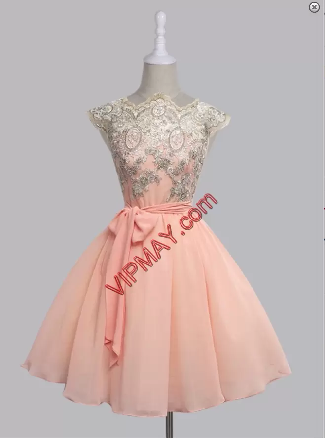 Cap Sleeves Chiffon Mini Length Lace Up Prom Evening Gown in Pink with Appliques