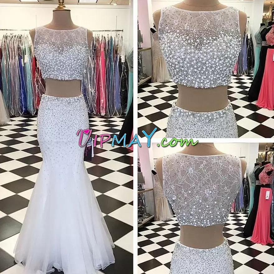 White Scoop Neckline Beading and Lace and Ruching Prom Party Dress Sleeveless Side Zipper