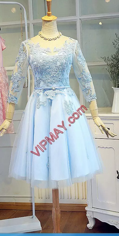 Baby Blue Prom Party Dress For with Beading and Appliques Scoop 3 4 Length Sleeve Lace Up