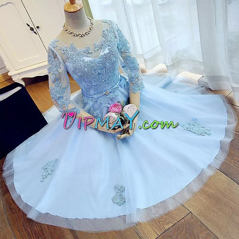 Baby Blue Prom Party Dress For with Beading and Appliques Scoop 3 4 Length Sleeve Lace Up