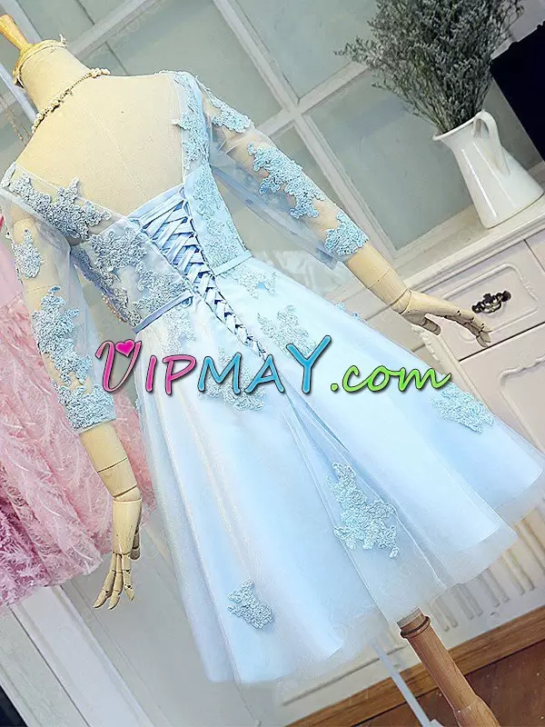 Baby Blue Prom Party Dress For with Beading and Appliques Scoop 3 4 Length Sleeve Lace Up