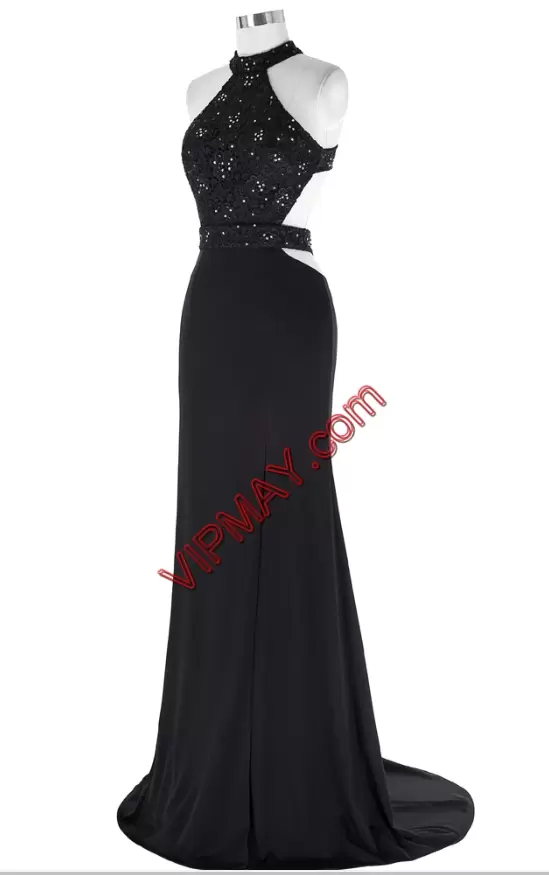 Floor Length Black Prom Evening Gown Chiffon Brush Train Sleeveless Lace