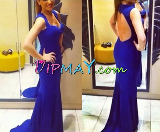 Elegant Royal Blue Backless Straps Ruching Prom Homecoming Dress Sleeveless Sweep Train