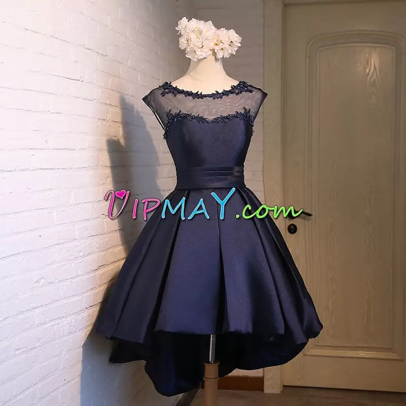 Sexy High Low Black and Navy Blue Prom Evening Gown Scoop Sleeveless Lace Up