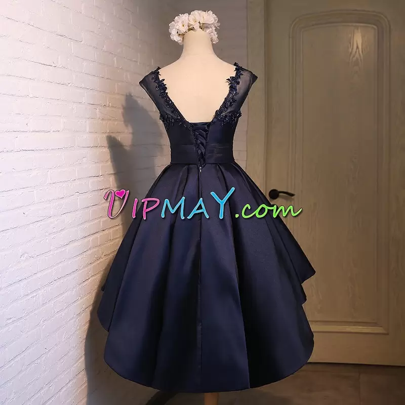 Sexy High Low Black and Navy Blue Prom Evening Gown Scoop Sleeveless Lace Up