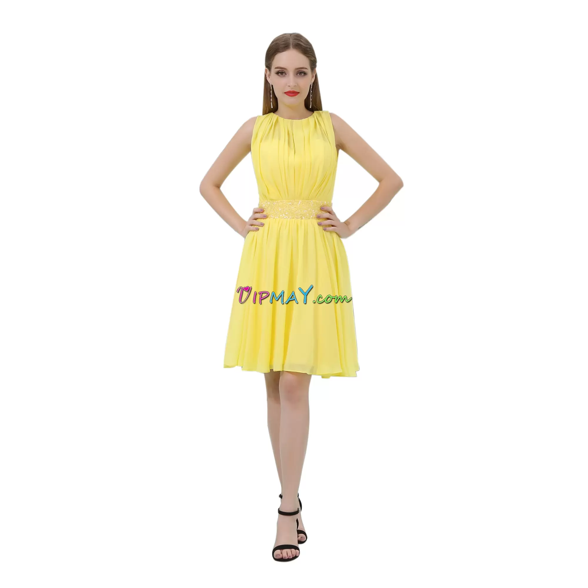 Low Price Sleeveless Knee Length Beading Zipper Homecoming Dresses with Yellow