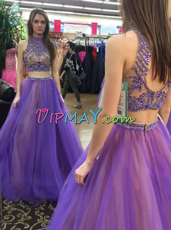 Great Purple Backless Halter Top Beading Dress for Prom Tulle