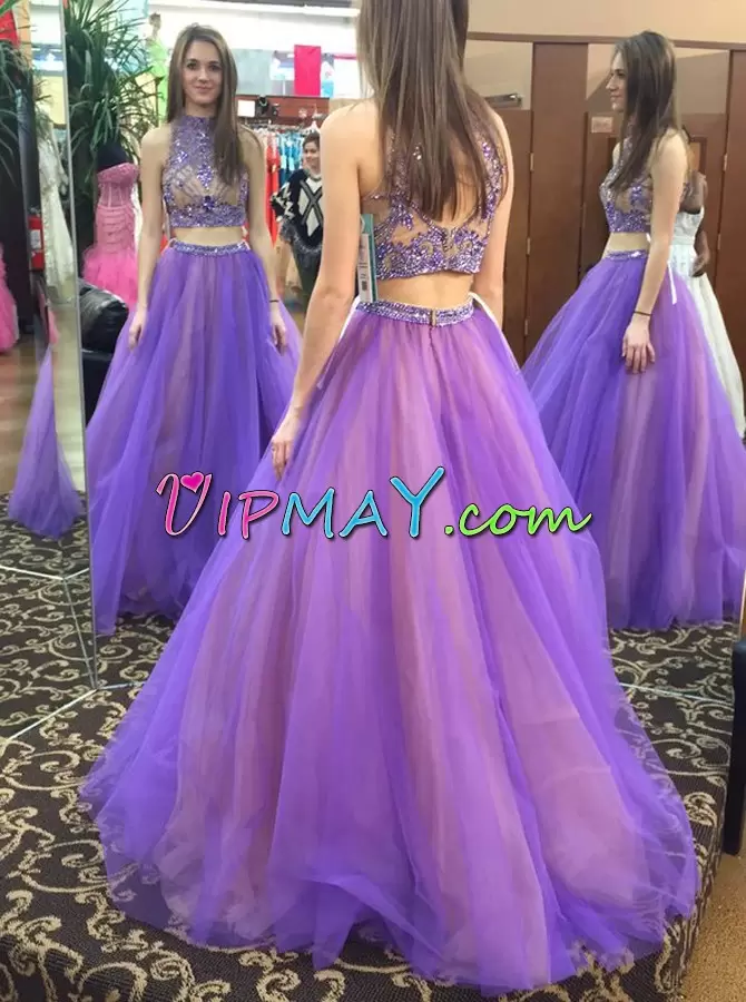 Great Purple Backless Halter Top Beading Dress for Prom Tulle