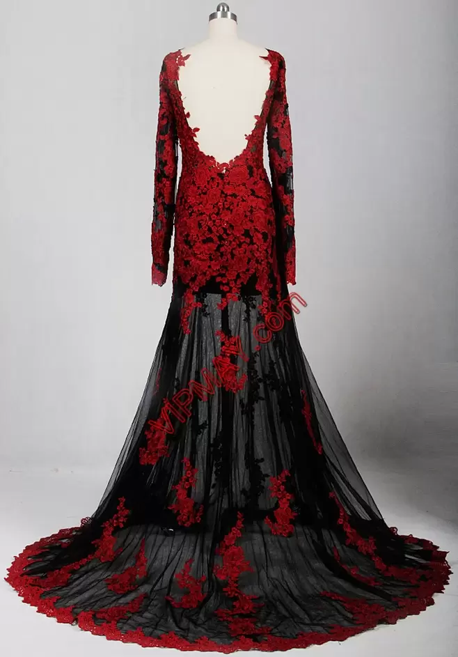 Stunning Red and Red And Black Backless V-neck Lace and Appliques Prom Party Dress Tulle Long Sleeves Sweep Train