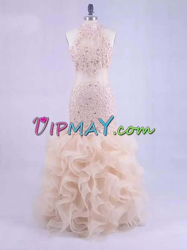 Admirable Champagne Evening Wear Prom and Party with Beading and Lace High-neck Sleeveless Backless