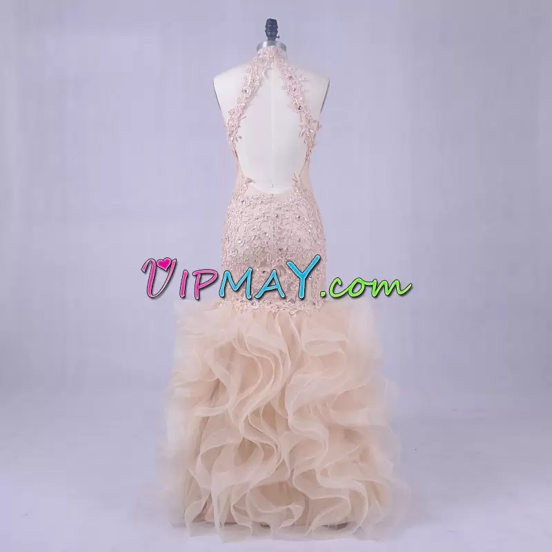 Admirable Champagne Evening Wear Prom and Party with Beading and Lace High-neck Sleeveless Backless