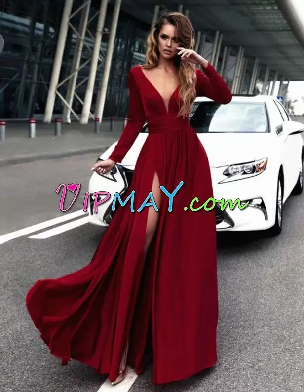 Floor Length Red Prom Homecoming Dress Long Sleeves Ruching