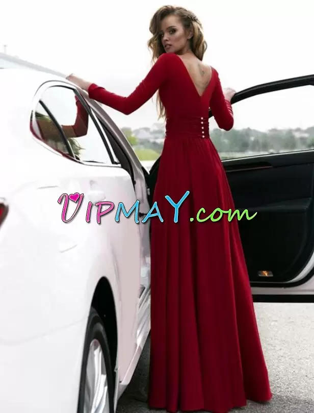 Floor Length Red Prom Homecoming Dress Long Sleeves Ruching