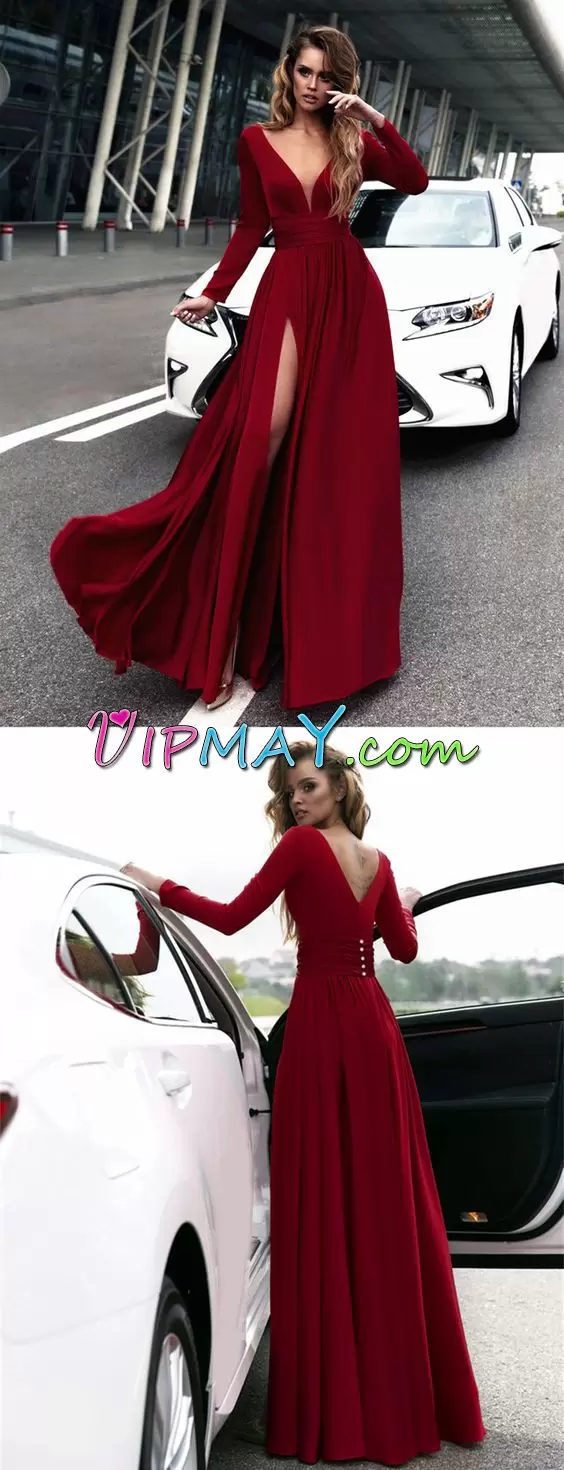 Floor Length Red Prom Homecoming Dress Long Sleeves Ruching