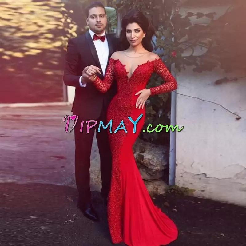 Flare Red Long Sleeves Satin Prom Dress for Prom and Party