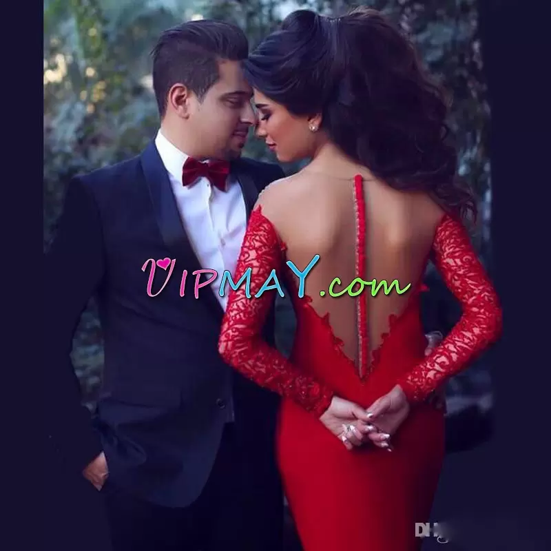 Flare Red Long Sleeves Satin Prom Dress for Prom and Party