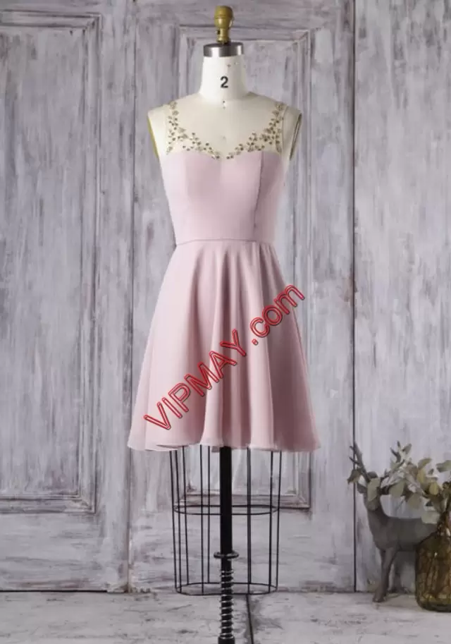 Mini Length Pink Prom Gown Chiffon Sleeveless Sequins