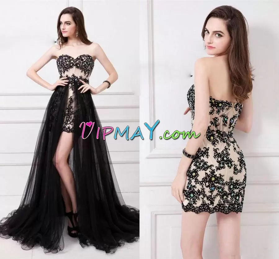 Fine Sweetheart Sleeveless Tulle Prom Party Dress Beading Sweep Train Zipper