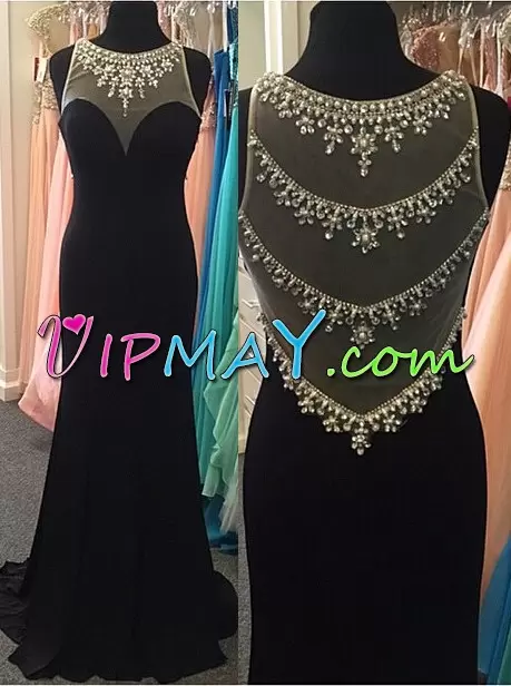 Sleeveless Beading Side Zipper Evening Wear with Black Brush Train