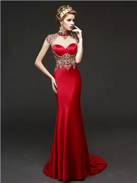 High-neck Cap Sleeves Sweep Train Zipper Juniors Evening Dress Red Beading