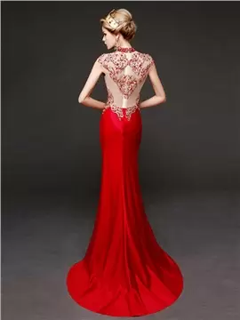 High-neck Cap Sleeves Sweep Train Zipper Juniors Evening Dress Red Beading