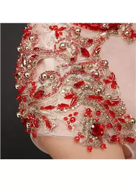 High-neck Cap Sleeves Sweep Train Zipper Juniors Evening Dress Red Beading