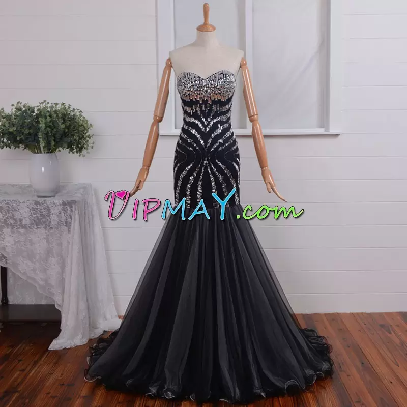 Black Zipper Sweetheart Beading Evening Dress Lace Sleeveless Sweep Train