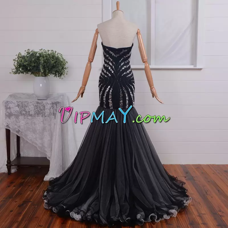 Black Zipper Sweetheart Beading Evening Dress Lace Sleeveless Sweep Train