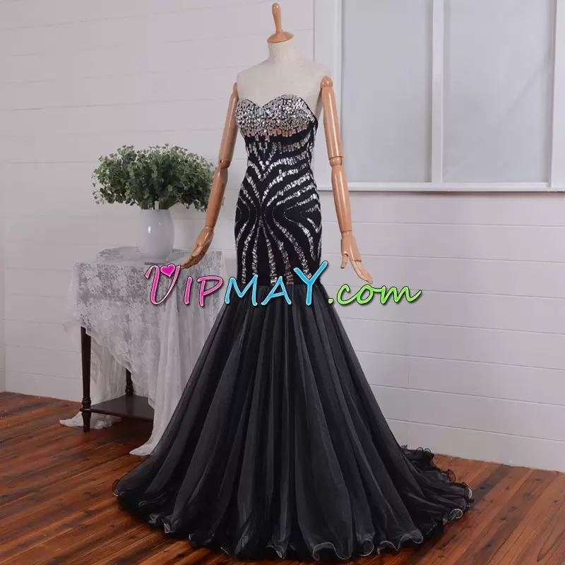 Black Zipper Sweetheart Beading Evening Dress Lace Sleeveless Sweep Train