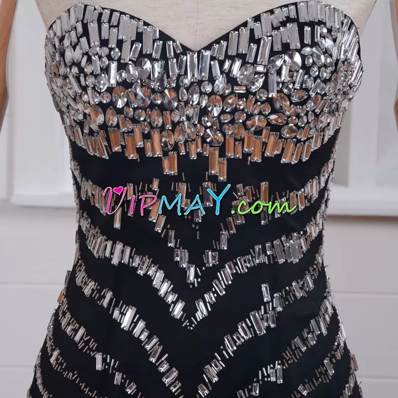 Black Zipper Sweetheart Beading Evening Dress Lace Sleeveless Sweep Train