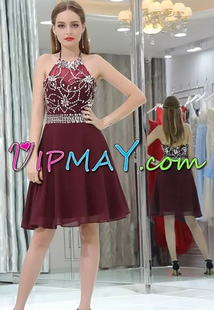 Burgundy Zipper Halter Top Beading Prom Homecoming Dress Chiffon Sleeveless