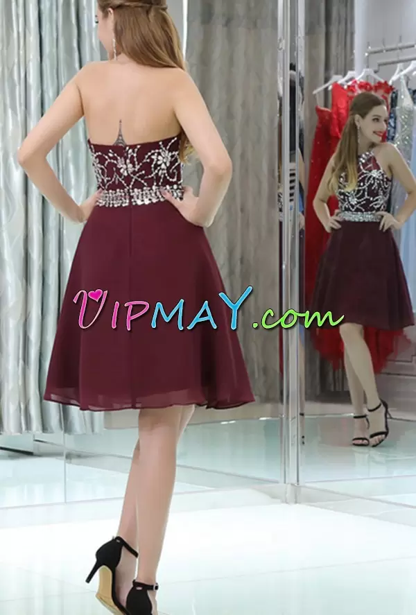 Burgundy Zipper Halter Top Beading Prom Homecoming Dress Chiffon Sleeveless