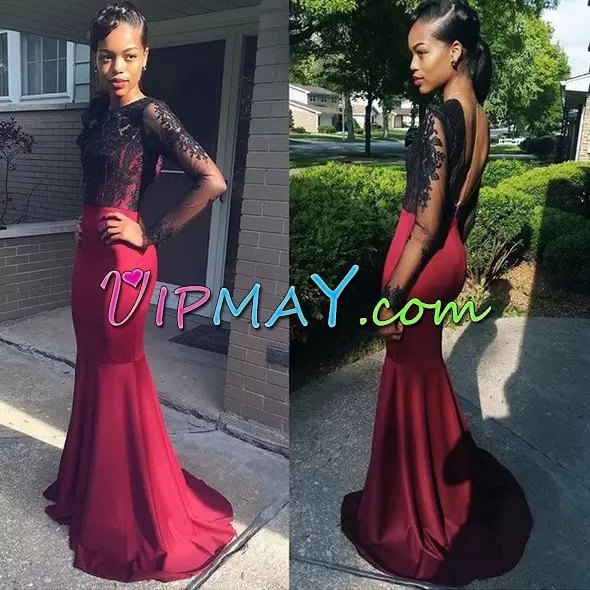 Exceptional Black and Burgundy Long Sleeves Sweep Train Backless Hoco Dress for Prom and Party and Military Ball