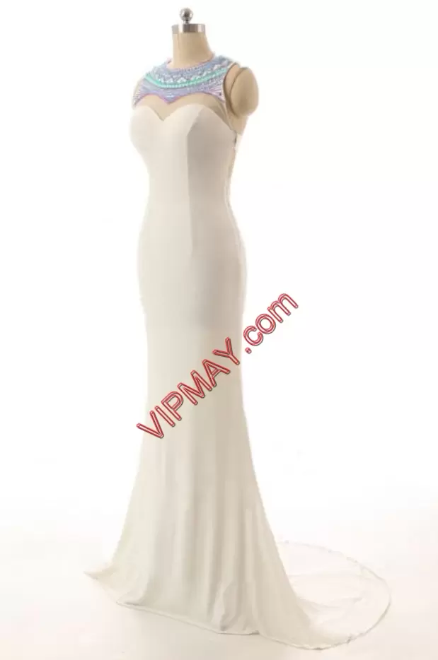 White Backless Evening Dress Beading Sleeveless Floor Length Court Train