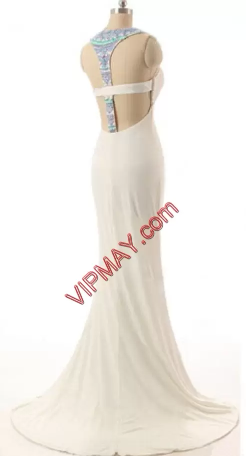 White Backless Evening Dress Beading Sleeveless Floor Length Court Train