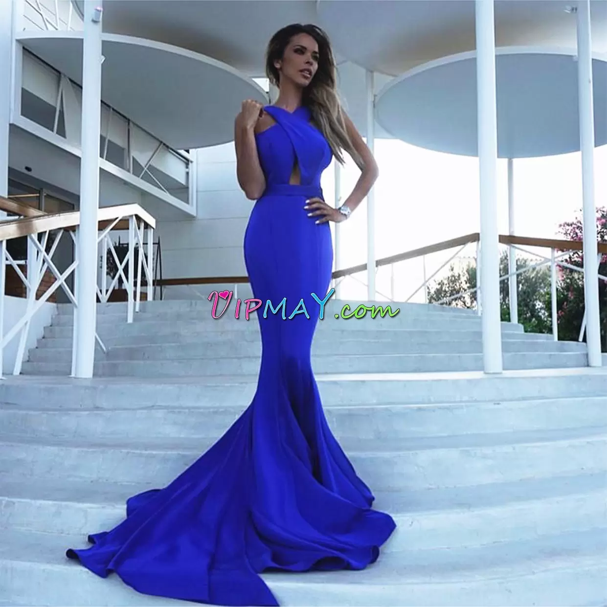 Royal Blue Zipper Prom Gown Ruffles Sleeveless Floor Length Brush Train