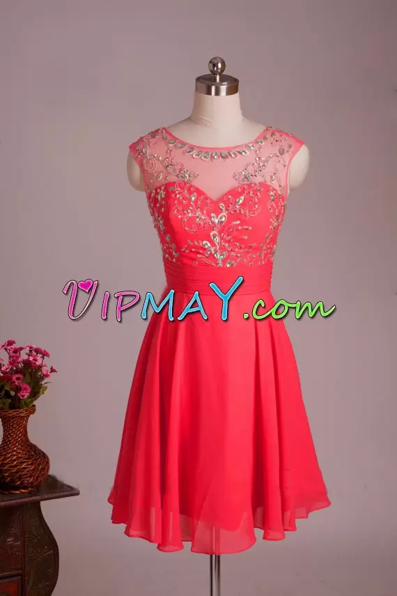 Spectacular Coral Red Scoop Neckline Beading Dress for Prom Sleeveless Zipper