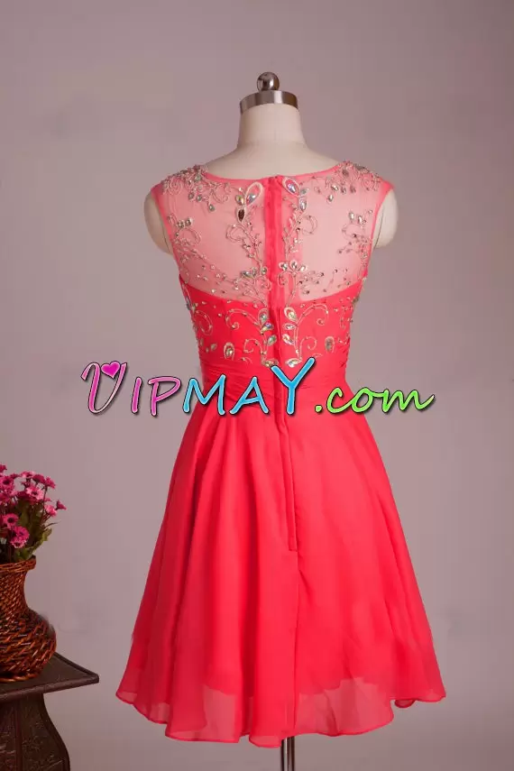 Spectacular Coral Red Scoop Neckline Beading Dress for Prom Sleeveless Zipper