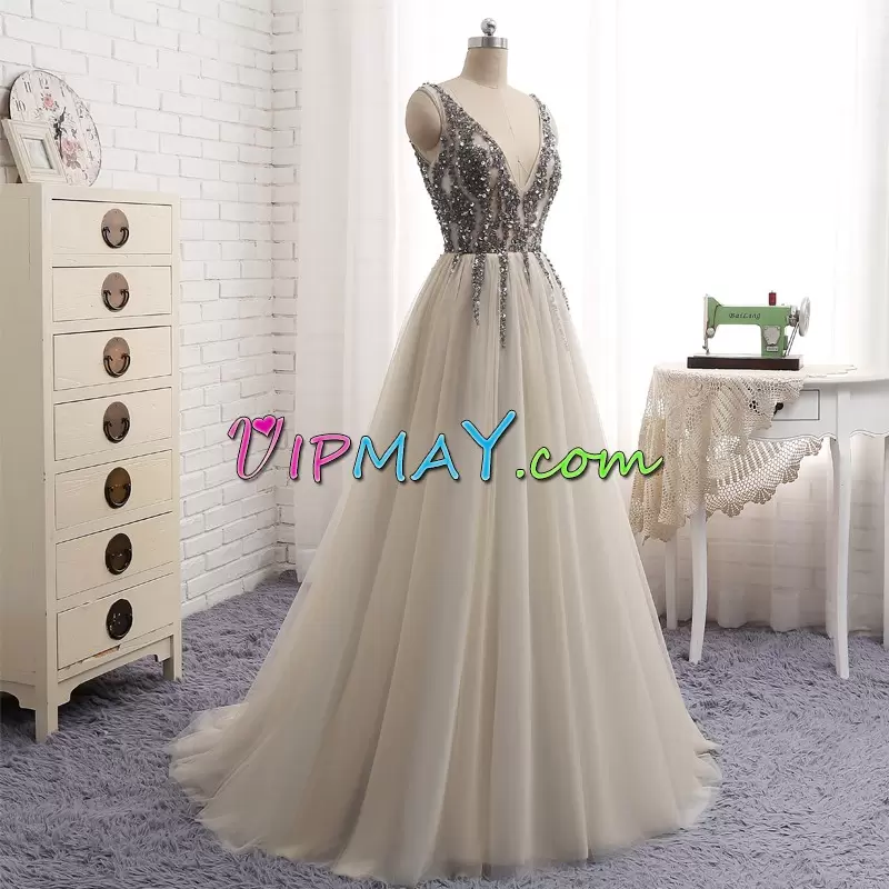 Champagne Sleeveless Sweep Train Beading and Sequins Prom Gown