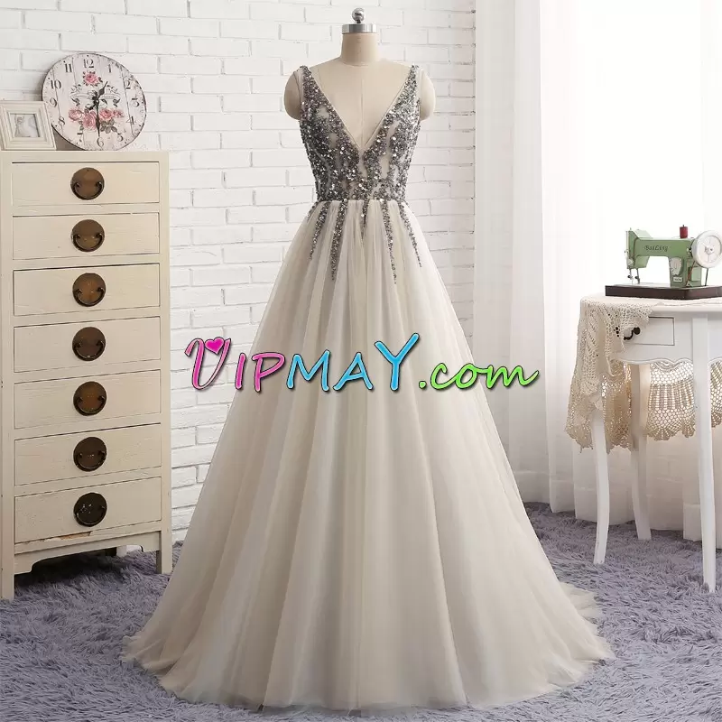 Champagne Sleeveless Sweep Train Beading and Sequins Prom Gown