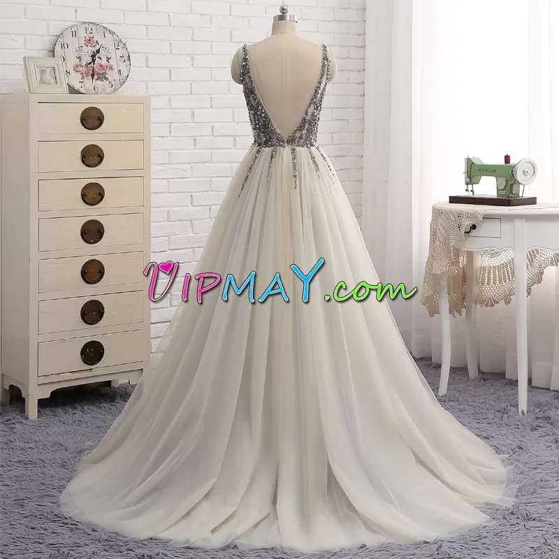 Champagne Sleeveless Sweep Train Beading and Sequins Prom Gown