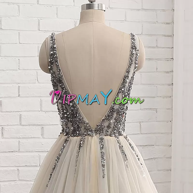 Champagne Sleeveless Sweep Train Beading and Sequins Prom Gown