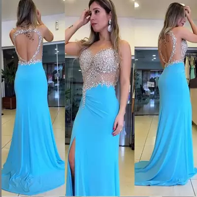 Beauteous Scoop Sleeveless Sweep Train Backless Turquoise Chiffon Beading