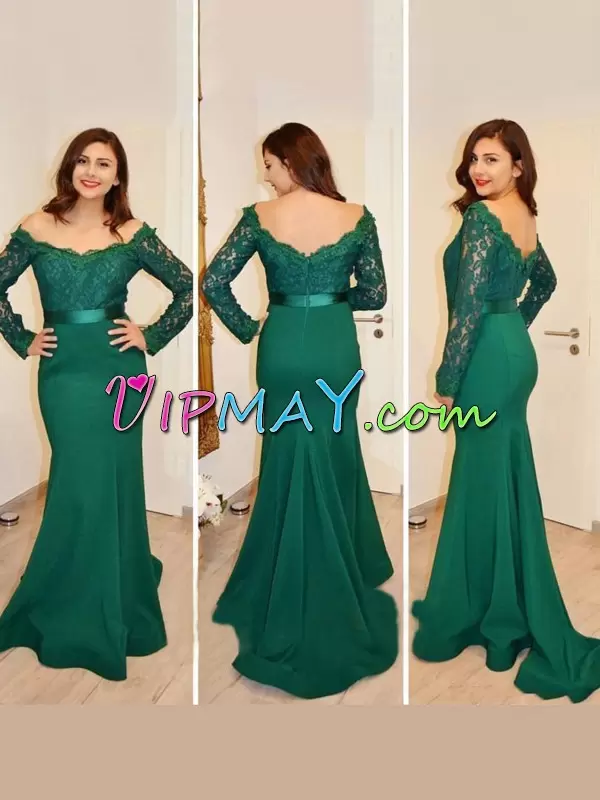 Off The Shoulder Long Sleeves Dress for Prom Floor Length Lace and Sashes ribbons Green